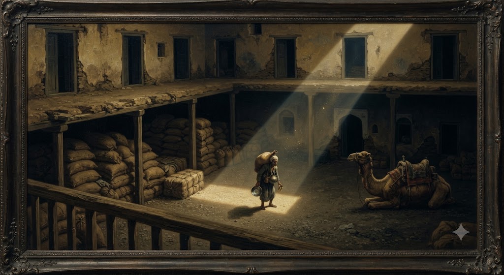 The courtyard as the party first arrived — the wikala gate open to the street, camels and cargo still in possession